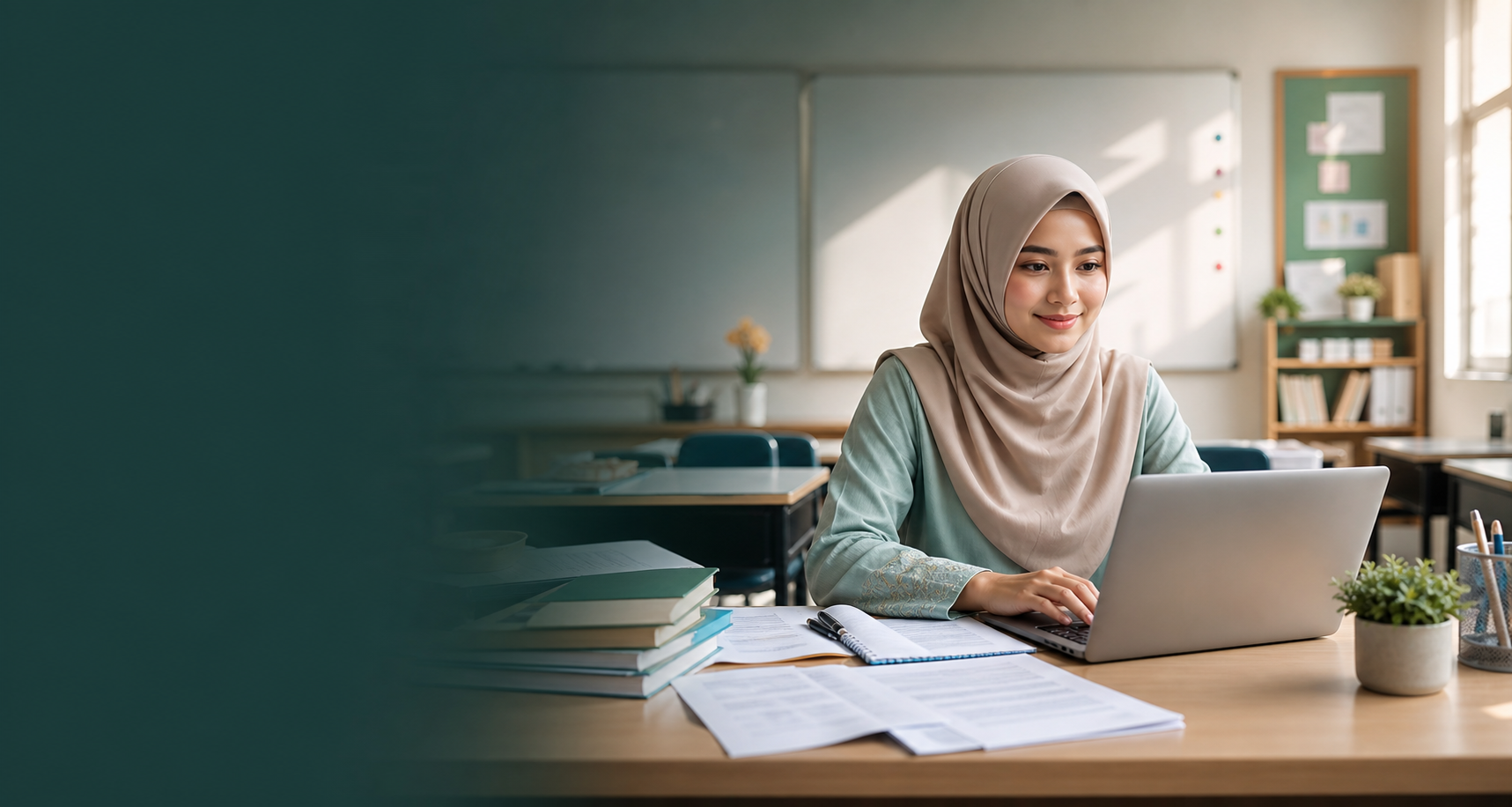 Guru muslimah berjilbab menggunakan laptop di ruang kelas
